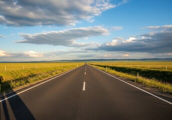 Naklejka premium Bright sunlight on an endless straight asphalt road stretching towards blue horizon, symbolizing freedom, exploration, and the spirit of adventurous travel