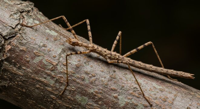 Detailed Close-Up of a Camouflaged Stick Insect on a Textured Branch