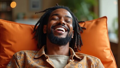 Handsome man with dreadlocks laughs heartily while relaxing on orange bean bag chair. He wears stylish patterned shirt, casual attire in comfortable lounge space, exuding pure happiness, leisure.