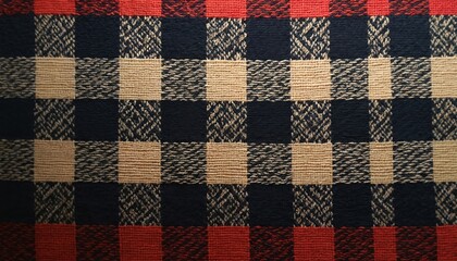 Detailed close-up of woven fabric featuring checkered pattern in red, blue, yellow, orange, brown, black, beige. Classic plaid design with horizontal, vertical stripes creates textured, repeating