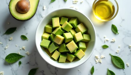 Fresh avocado cubes generously drizzled with olive oil in white bowl, set against clean marble surface. Vibrant green fruit, known for healthy fats, complemented by scattered fresh green leaves,