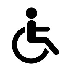 This image is a black silhouette icon depicting a wheelchair user, commonly used as a universal symbol for disabilit