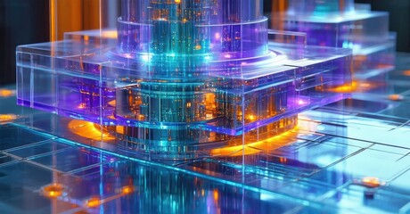 Abstract digital structure. Glowing lines, vibrant colors create futuristic impression. Complex layers suggest technology, data processing.