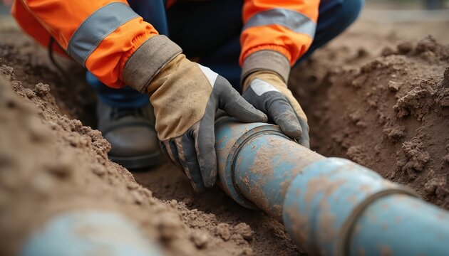 Close-up of plumber repairing underground water pipe in municipal construction project. Worker hands wearing protective gloves connect blue plastic pipes in ground trench. Plumbing maintenance,