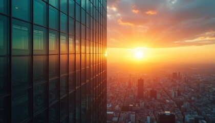 Modern glass skyscraper facade reflecting warm sunset glow over cityscape. Represents ambition, success, and new beginnings. Cityscape viewed at dusk during golden hour.