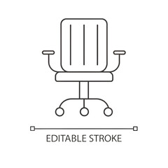 An office chair icon in minimalist style with editable stroke. Workplace furniture symbol, ergonomic seat element, comfort object, interior concept, business pictogram, desk chair design