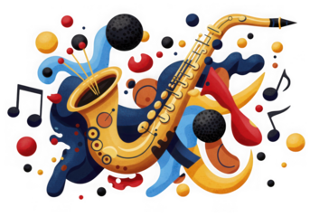 Saxophone with musical notes and abstract shapes isolated on transparent background