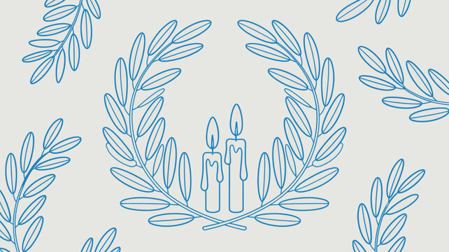 Blue line art of candles inside a wreath with leaf patterns on a light gray colored background design - Powered by Adobe