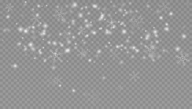 Falling snow with snowflakes overlay on transparent background.
