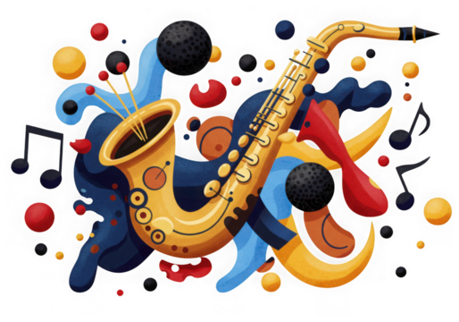 Saxophone with musical notes and abstract shapes isolated on transparent background