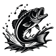 Black and White Silhouette of Predatory Fish with Bubbles and Motion