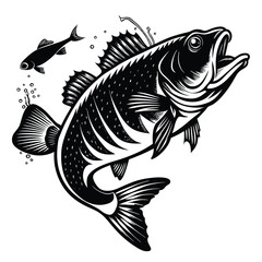 Fototapeta premium Black and White Silhouette of Predatory Fish with Bubbles and Motion