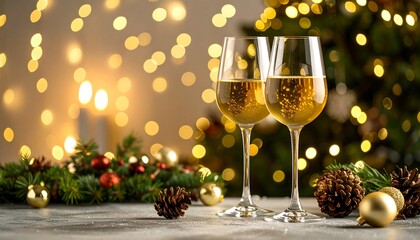 Festive Champagne Toast: Two Glasses of Sparkling Wine with Christmas Decorations