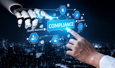 A futuristic robot hand interacts with a digital compliance button, symbolizing the integration of technology and business in a modern cityscape environment. Tessel