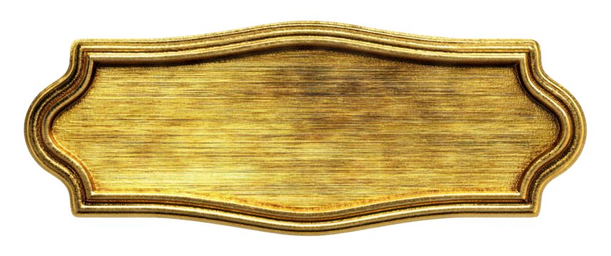 Golden ornate nameplate with elegant frame, isolated on transparent cutout background