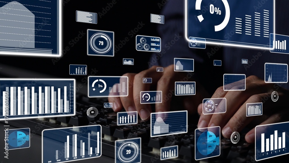 Aufkleber hands typing on a keyboard surrounded by digital graphs and charts. the image represents data analys