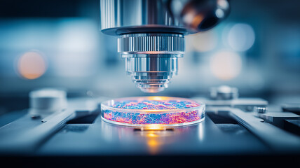 Microscope examining a cultured sample emphasizing laboratory research microbiology discovery and analytical precision.
