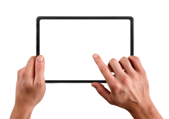 Hands touching blank screen of black tablet, isolated on transparent cutout background