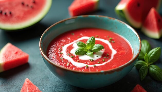 Refreshing summer watermelon soup in blue bowl, garnished with cream swirl, basil leaves. Sweet gazpacho dessert, healthy vegan meal. Delicious fruit dish perfect for hot weather, diet, cookery,
