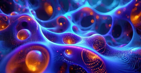 Abstract network, vibrant colors, glowing tunnels. Complex structure suggests digital world, energy flow, futuristic design.