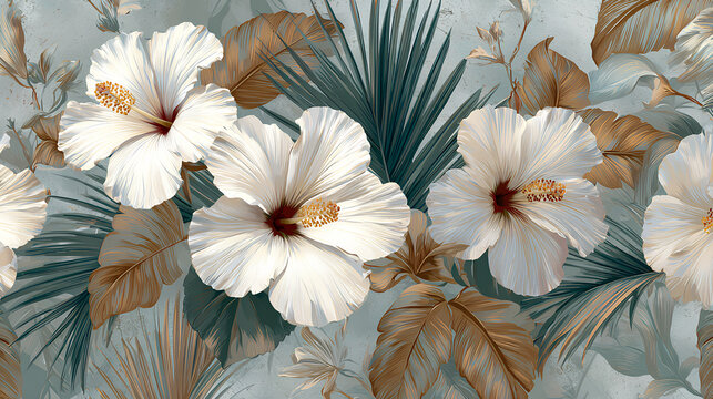 Tropical Wallpaper with White Hibiscus Flowers and Brown Palm Leaves. Elegant Wall Mural with White Hibiscus on a Subtle Textured Background. Botanical Wallpaper with a Seamless Tropical Pattern