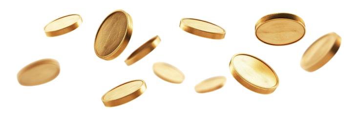Shiny blank gold coins, tokens, or chips, flying in the air, isolated on transparent cutout background