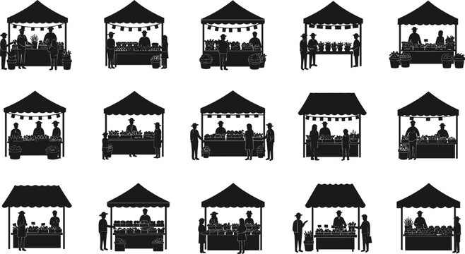 Black silhouette of a farmer's market booth with people selling and buying fresh organic fruits and vegetables from local sellers, vector illustration - Powered by Adobe
