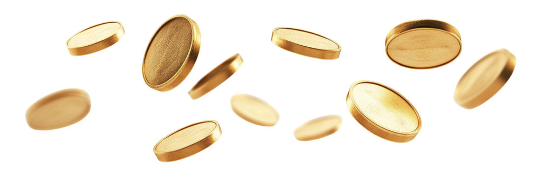 Shiny blank gold coins, tokens, or chips, flying in the air, isolated on transparent cutout background