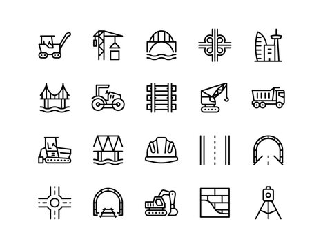 Civil Engineering Vector Icon Set | Adjustable Line Weight | Bridge, tunnel, interchange, crane, road, architecture, survey, concrete, excavator, bulldozer, structure, infrastructure, construction