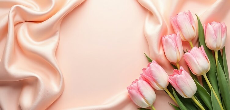 Soft pink tulips arranged with flowing satin fabric create tender, spring aesthetic. Perfect for Women Day, March 8th, celebration, offering ample copy space for greetings designs. Captures delicate - Powered by Adobe