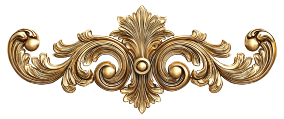 Golden baroque decorative floral ornament, isolated on transparent cutout background