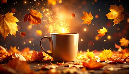 Autumn serenity, An abstract mug mockup amidst falling leaves and cozy vibes