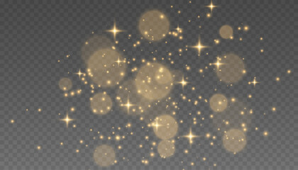 Gold glitter dust and bokeh lights. Golden sparkle overlay effect. © Iryna