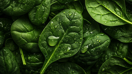 Fototapeta premium Fresh spinach leaves with water droplets on dark background highlighting their rich green color and texture