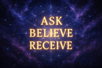 Ask Believe Receive Inspirational Quote on Cosmic Background