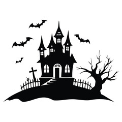 Eerie Silhouette A Spooky Halloween Haunted House Scene Featuring Bats Tombstones and a Gnarled Tree on a Hill Perfect for October