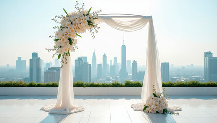 A beautiful wedding ceremony is set up on a rooftop with a stunning floral arch. The city skyline provides a magical background as the sun creates a dreamy atmosphere.