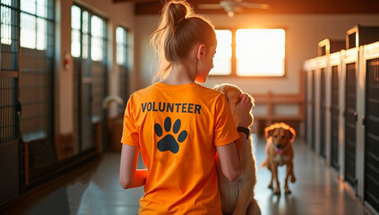 A volunteer in an orange shirt gently interacts with a dog in a shelter as the sun sets, creating a warm atmosphere for the animals around.