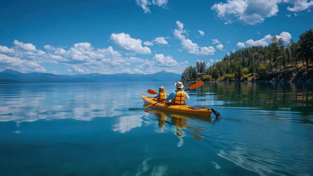 Family enjoys a peaceful kayak adventure on Flathead Lake in Somers Montana on a sunny day surrounded by nature