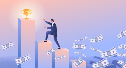 Businessman climbing the stairs to success vector illustration