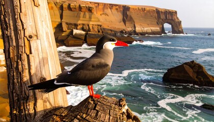Inca Tern on weathered wood, ocean behind; rock cliffs, arch in background