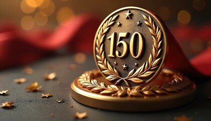Commemorative medal celebrates 150 years anniversary. Gold metal award with laurel wreath design, number 150 signifies milestone achievement. Red ribbon, gold stars scattered, celebratory event,