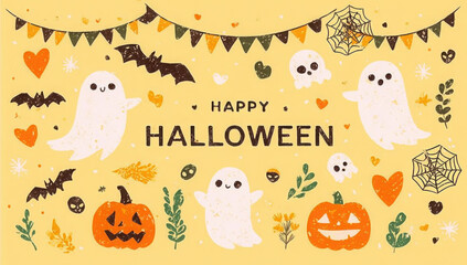 Fototapeta premium A charming Happy Halloween illustration featuring cute ghosts, jack-o'-lanterns, bats, and festive decorations on a yellow background.
