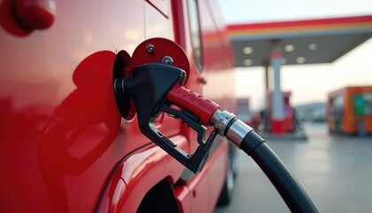 Red truck refuels at gas station with vibrant pumps in background. Fuel nozzle inserted into tank shows process of energy supply. Focus on automotive, transport, and commerce industry themes.