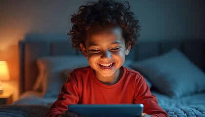 Joyful young child with curly hair immersed in tablet play in dimly lit bedroom. Child face glows with excitement, engagement, showing curiosity, happiness. Scene captures warm moment of digital
