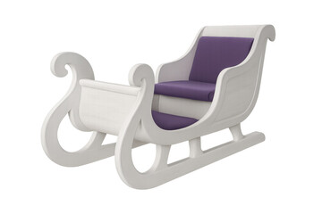 White christmas sleigh with purple cushions and transparent background