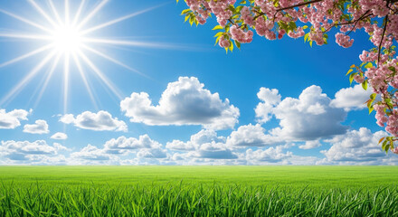 A vibrant spring landscape featuring a bright sun in a blue sky with white clouds, a lush green field, and delicate pink cherry blossoms.