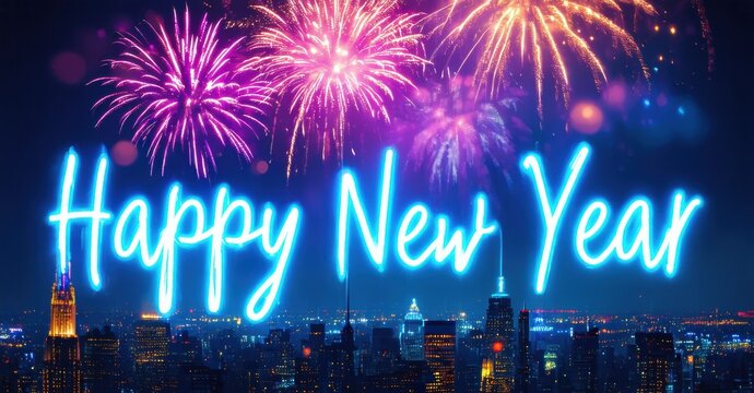Festive cityscape view. Bright fireworks illuminate night sky above buildings. Neon text displays Happy New Year message. Celebration scene.