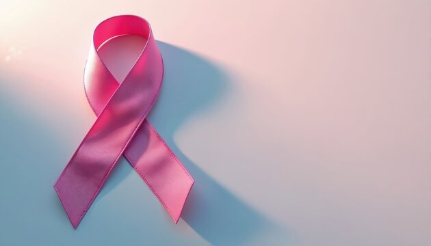 Symbolic pink ribbon illustration representing breast cancer awareness, support, hope. Gentle design conveys compassion, solidarity, strength for women fighting disease. Promotes health care, medical