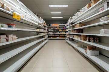 Obraz premium Supermarket aisle showing empty shelves after panic buying